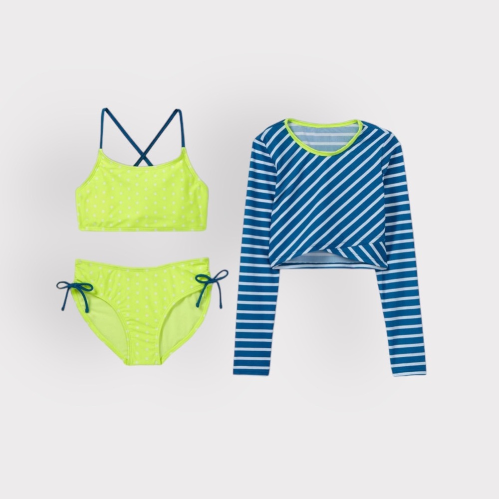Cat & Jack Girls’ Long Sleeve Neon Green Bikini Swimsuits 3pc Set XS NWT